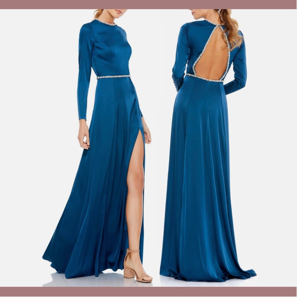 NWT IEENA Mac‎ Duggal [ 10 ] Long Sleeve Jewel Trimmed Charmeuse Gown Sapphire